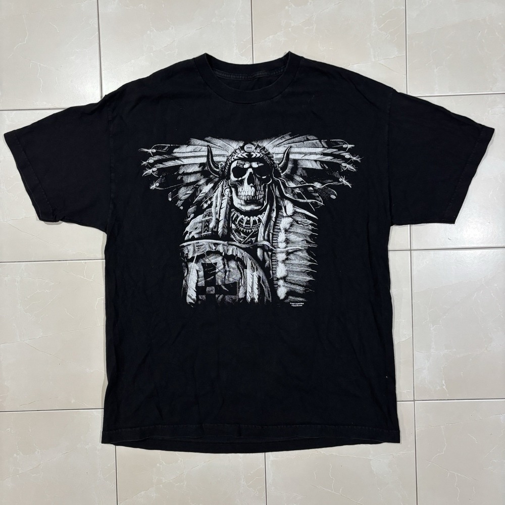 Vintage Liquid Blue Tribal Skull Skelton T Shirt Men's XL Y2K Black Graphic Tee